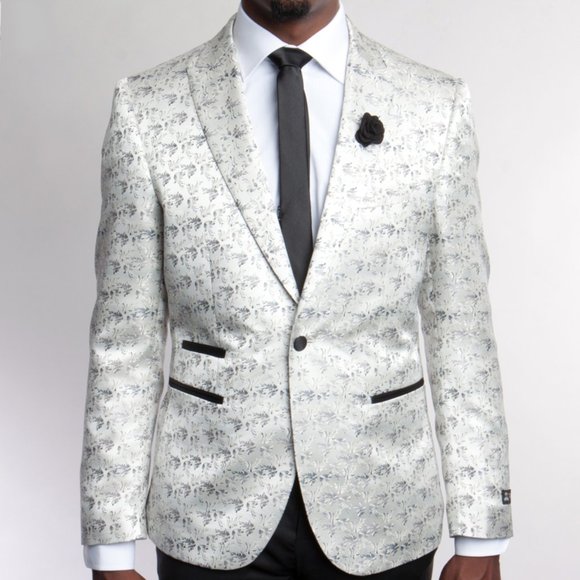 Men's Floral Blazer Slim-Fit Jacket, Eggshell/Silver - Picture 1 of 2